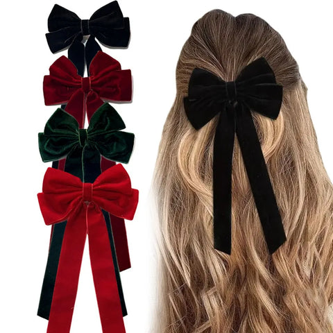 Velvet Hair Clip for Women Elegant Handmade Black Red Green Double Bows Barrette Pin Long Tassel Hair Accessories Christmas Gift
