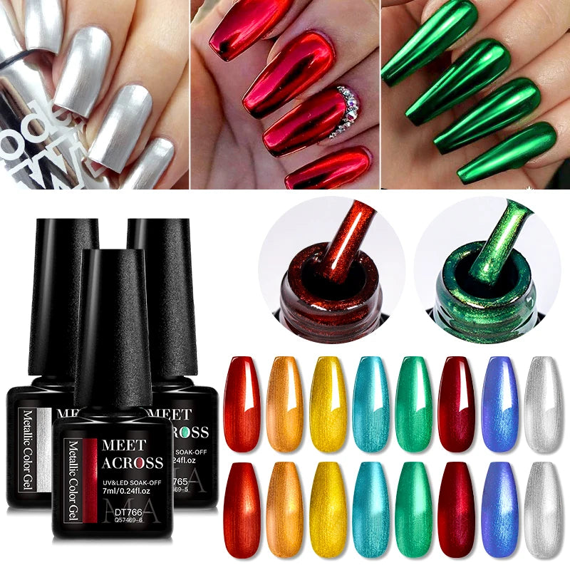 MEET ACROSS 8 Colors Mirror Gel Nail Polish Long-lasting Quick-drying Metallic Gold Silver Red Semi Permanent Varnish Nail Art