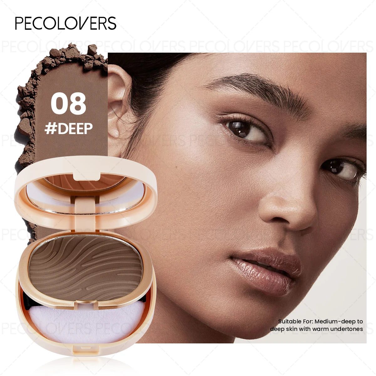 1PC Pressed Powder Foundation, Waterproof, Matte Finish, Full Coverage, Non-Sticky, for All Skin Types, Light to Medium Tone