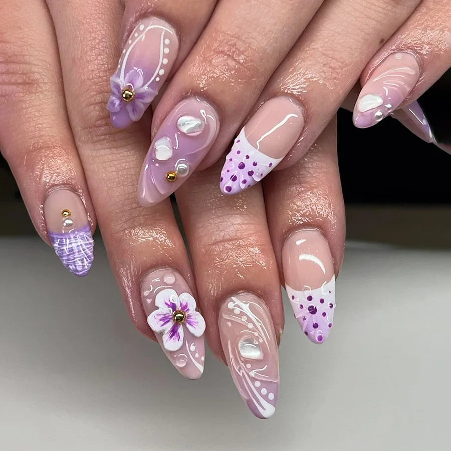 24pcs Brown French Leopard Print Press On Nails Stereo Pink Flower Designs Autumn False Nails Sweet Cool Almond Fake Nail Tips