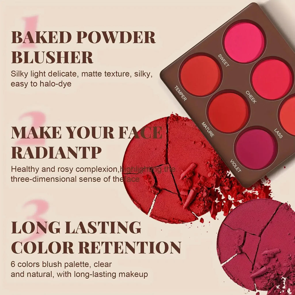 1 SET 6 Colors Waterproof Matte Blush Palette Medium Buildable Coverage Long-Lasting Natural Finish Light &Breathable Free brush