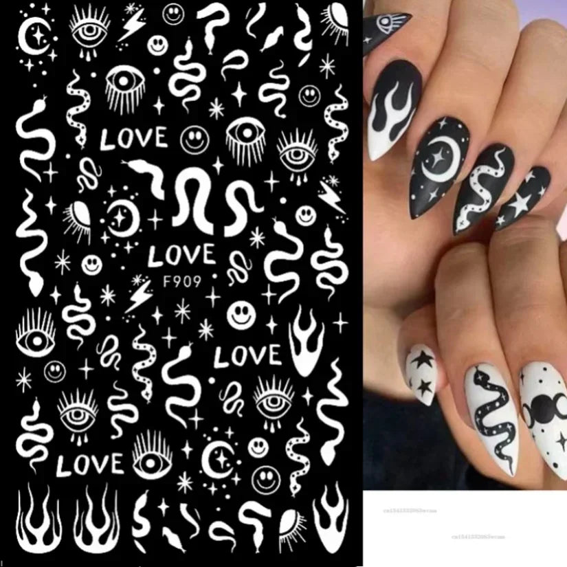 Adhesive stickers with European and American style cross snake black and white wave dot hot silver line letter nail stickers