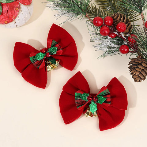 2Pcs Christmas Red Bow Hair Clips With Small Bell For Girls Plaid Pattern Velvet Bow Hairpins Xmas Party Hair Accessories Gifts