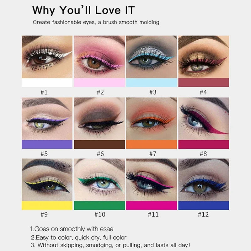 12 Colors Colorful Liquid Eyeliner Pencil Waterproof Long-Lasting  Quick-Dry No Blooming Blue Pink Eye Liner Pen Cosmetics Tools