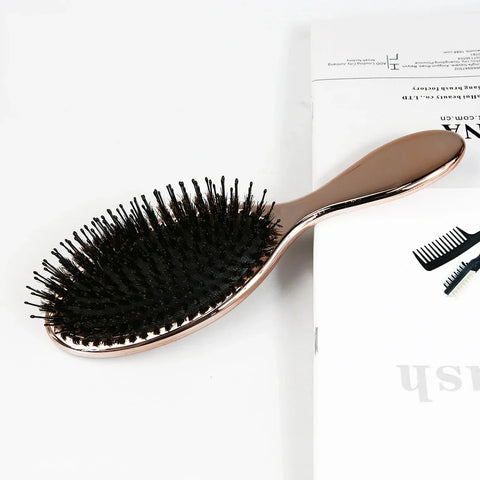 Luxury Gold And Silver Color Boar Bristle Paddle Hair Brush Oval Hair Brush Anti Static Hair Comb Hairdressing Massage Comb