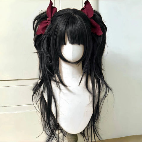 Synthetic Long Curly Wavy Lolita Wig with Bangs Double ponytail Wig Girl Cute Blonde Cosplay Party Halloween Christmas Wig