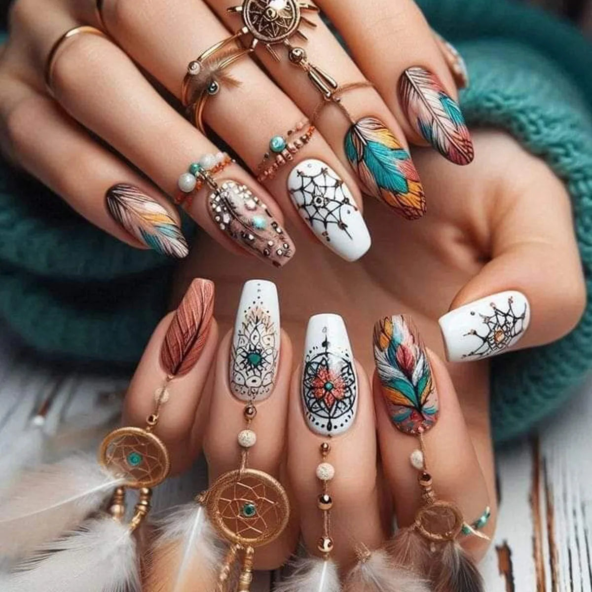 24pcs/set Medium long square fake nails for women girls cute heart flowers feather butterfly design press on false nail art tips
