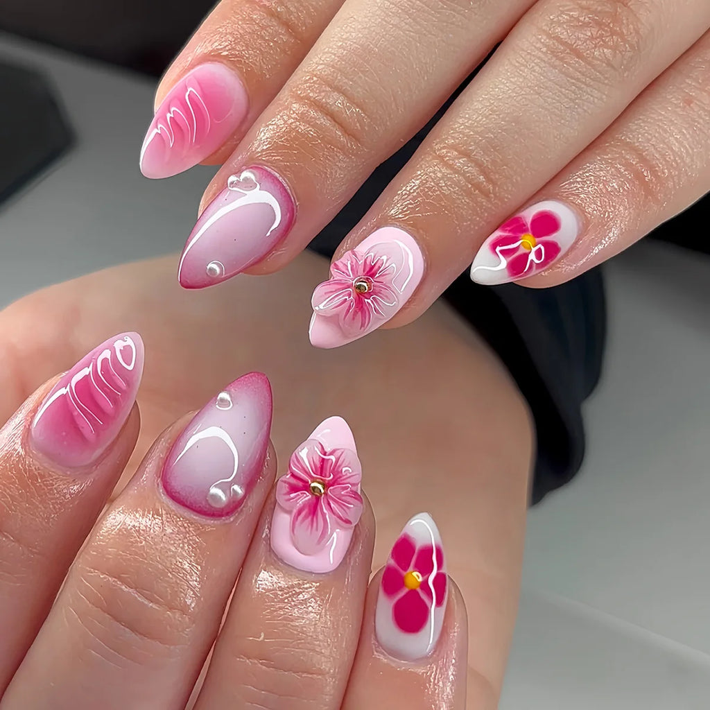 24pcs Tropical Flower Press On Nails Colorful French 3D Crystal Butterfly Shells Pattern Printed False Nails Almond Fake Nail