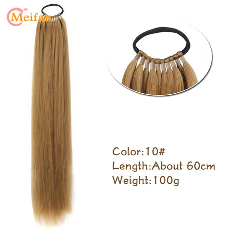 MEIFAN 24 Inch Synthetic Ponytail Extensions Black Natural Braided Pony Tail Hairpiece Long Straight Rubber Band Hair For Women