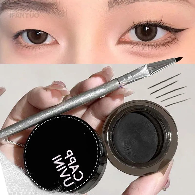 Natural Black Eyeliner Gel Cream with Brush Waterproof Lasting Non Smudging Matte Brown Easy Wear Eyebrow Silkworm 3 in 1 Makeup