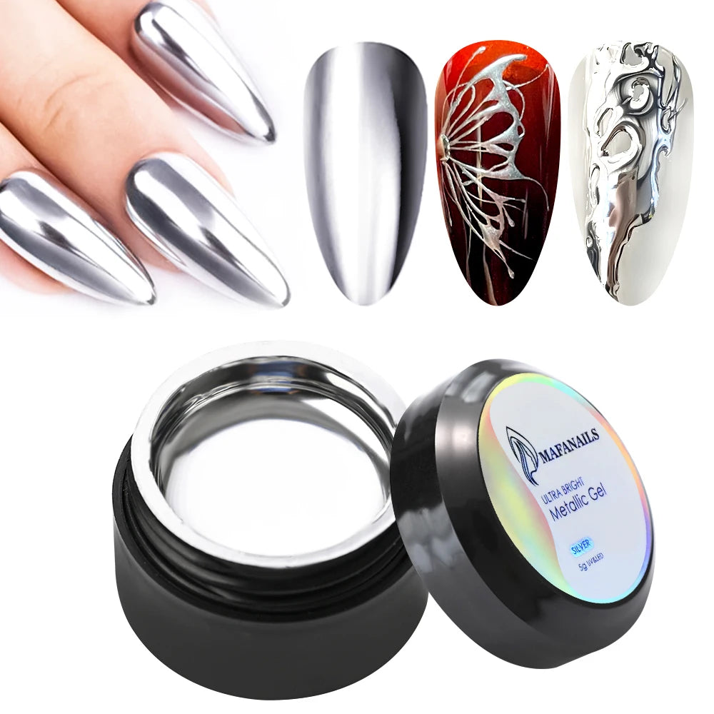 Gold Metallic Painting Nail Gel Liner Polish,3D Metal Mirror Effect Paint Drawing Nail Gel Build-in Brush Soak Off UV Chrome Gel