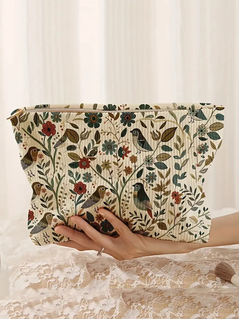 1pc Cosmetic Bags Branch Bird Pattern Women's Makeup Bag Corduroy Cosmetic Storage Bag Portable Commuting Travel Toiletry Bag
