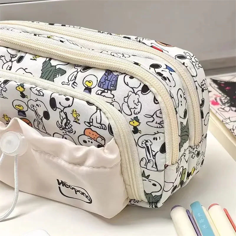 Snoopy Pencilcase Multi Layer Canvas Drawstring Pen Bag Kawaii Cartoon Stationery Storage Bag Students School Supplies Gifts