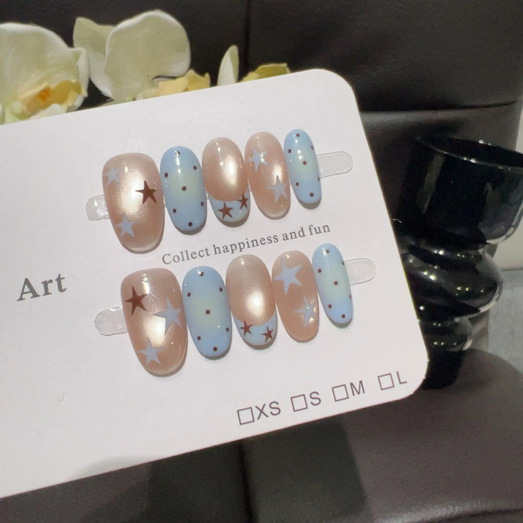 10PCS Ins Blue Short Oval False Nails Retro Hand-drawn Brown Polka Dot Bow French Press on Nails Full Cover Detachable Manicure