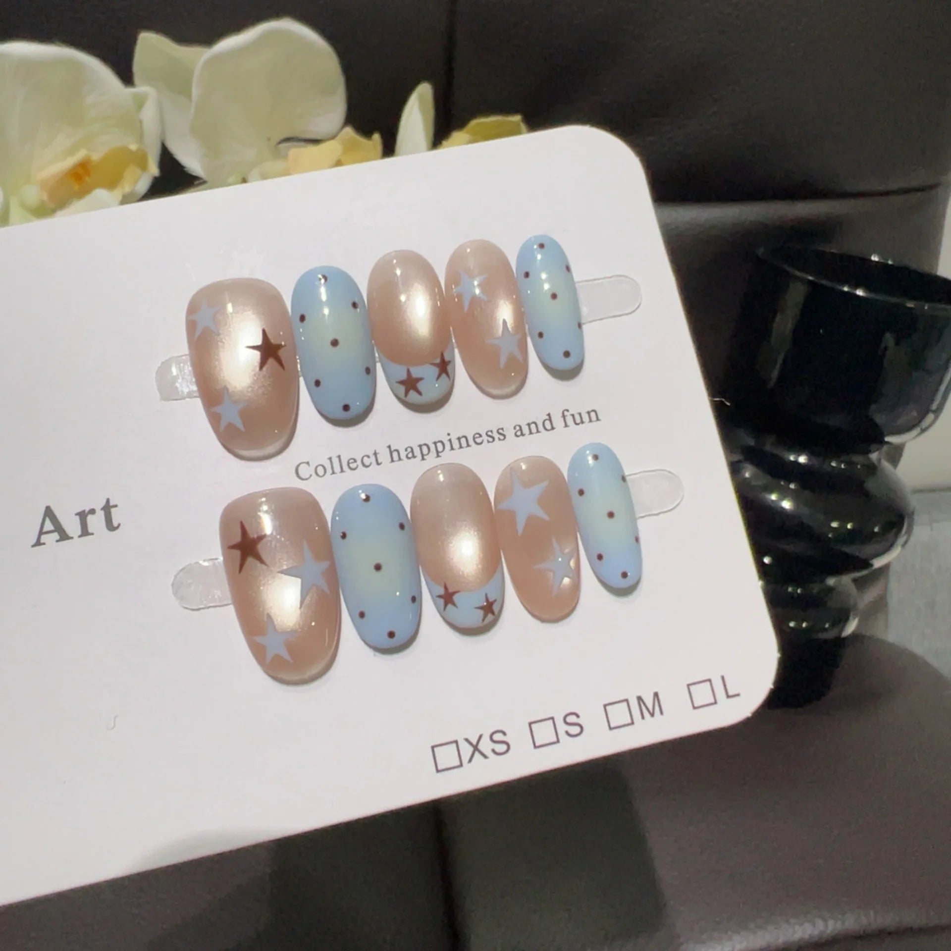 10PCS Ins Blue Short Oval False Nails Retro Hand-drawn Brown Polka Dot Bow French Press on Nails Full Cover Detachable Manicure