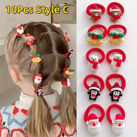 10Pcs Kids Girls Christmas Hair Ties Cute Santa Claus & Reindeer Design Festive Hair Accessories Holiday Parties Decorations