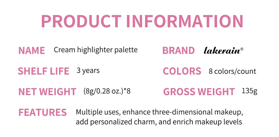 8 Colors Cream Highlighter Palette for Highlight Face Brighten Highlighter Blush Shimmer Waterproof Makeup Tool Cosmetics