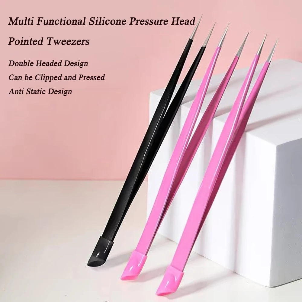 Black/Pink Double Headed Tweezers Stainless Steel Slant Tip Makeup Tool Silicone Press Head For Nail Stickers Eyelashes Tweezers