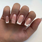 24 PCs Short Square French Heart Simple Nails with 1 Jelly Glue and 1 Nail File