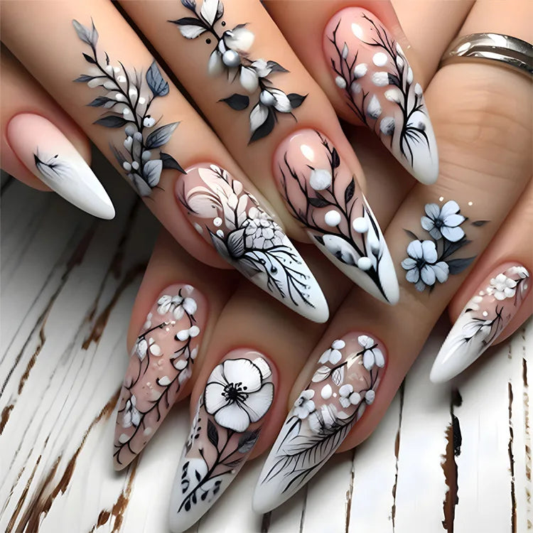 24pcs/set Medium long fake nails for women Spring summer flowers butterfly bee design faux ongles tips press on false nail art