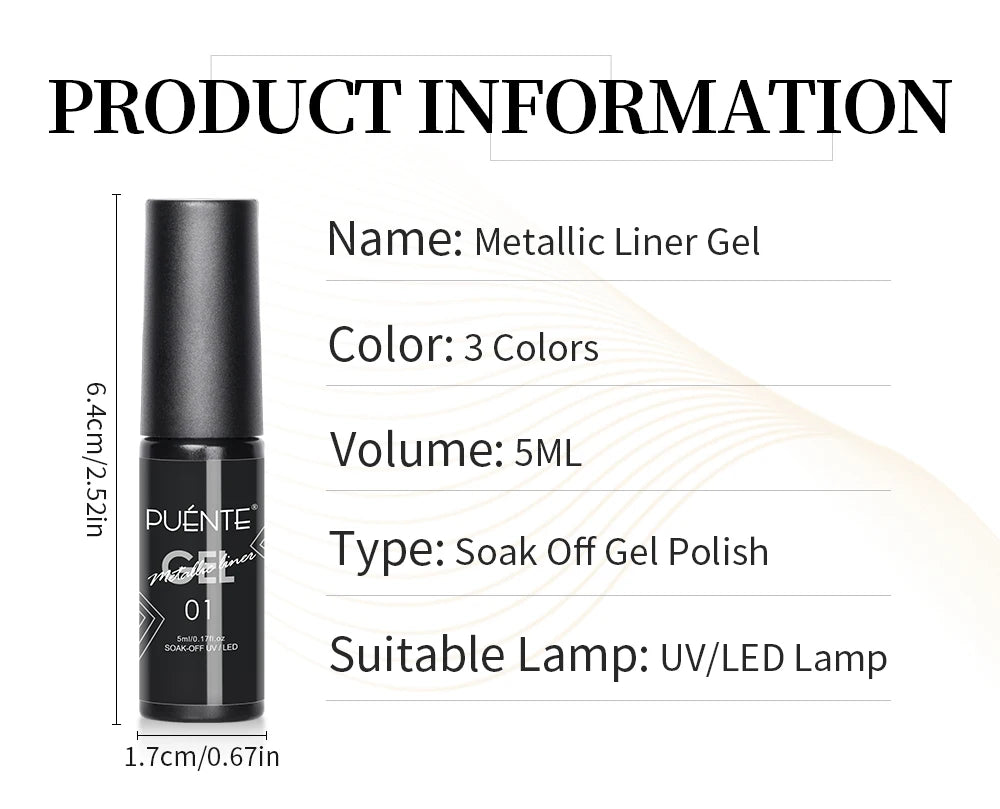 PUENTE 5ml Metallic Painting Liner Gel Polish Bright Mirror Effect Semi-Permanent UV Nail Varnish For Stunning French Nail Art