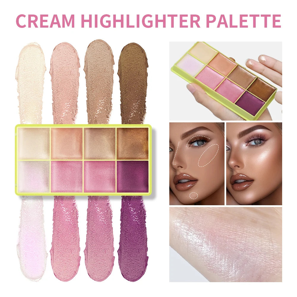 8 Colors Cream Highlighter Palette for Highlight Face Brighten Highlighter Blush Shimmer Waterproof Makeup Tool Cosmetics