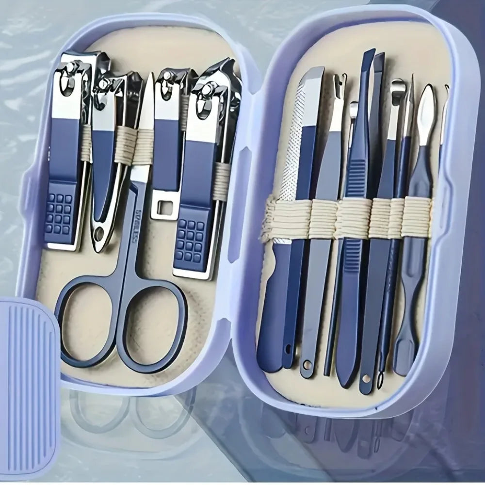 14 Piece Deluxe Nail Care Kit Pink & Blue Stainless Steel Manicure & Pedicure Set with Nail Scissors Clippers Ear Digging Spoon