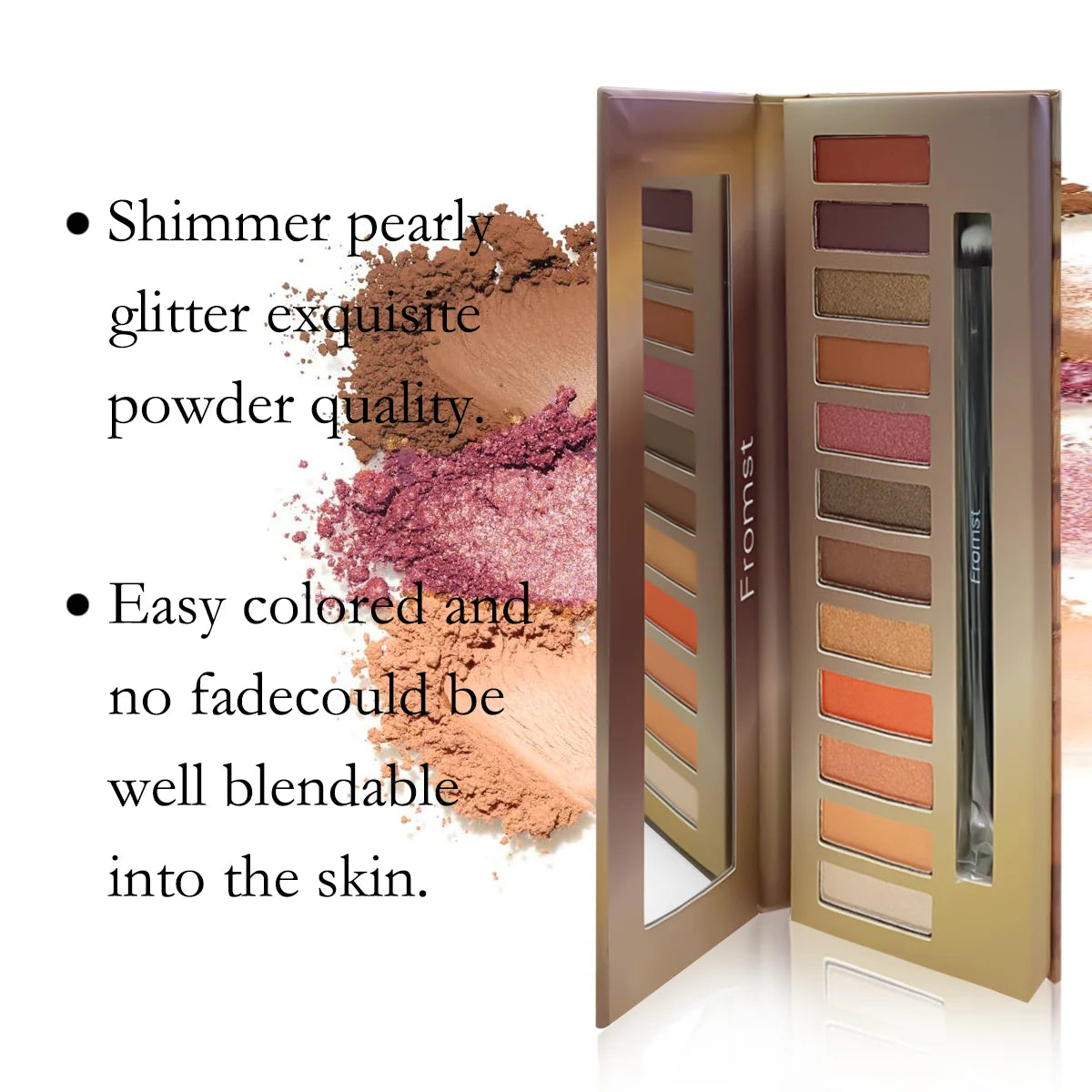 12-color eyeshadow palette, mirror packaging, pearlescent shimmer, stage makeup effect, long-lasting, easy to apply, waterproof
