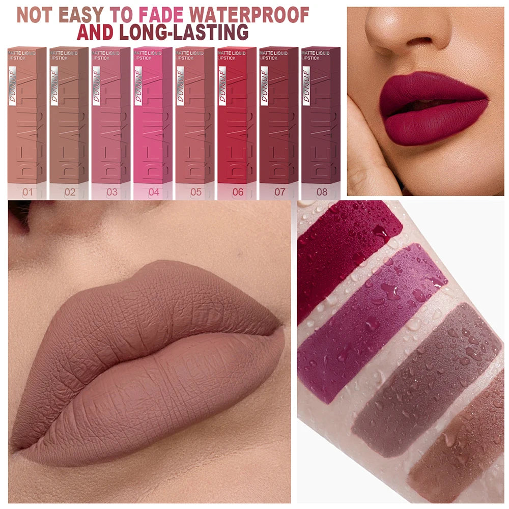 Matte Lip Gloss 8pc/set: Waterproof Lipstick Moisturizing Long Lasting Non-Stick Cup, Nude, Y2K Christmas Valentine's Day Gifts
