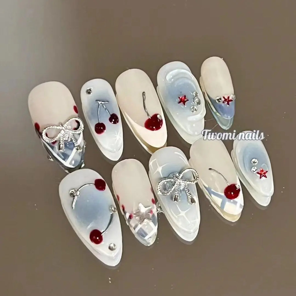 10pcs French Almond Press on Nails Flower False Nails Wearable Stick-on Nails Fake Nail Uñas Postizas Mujer Накладные Ногти 네일팁