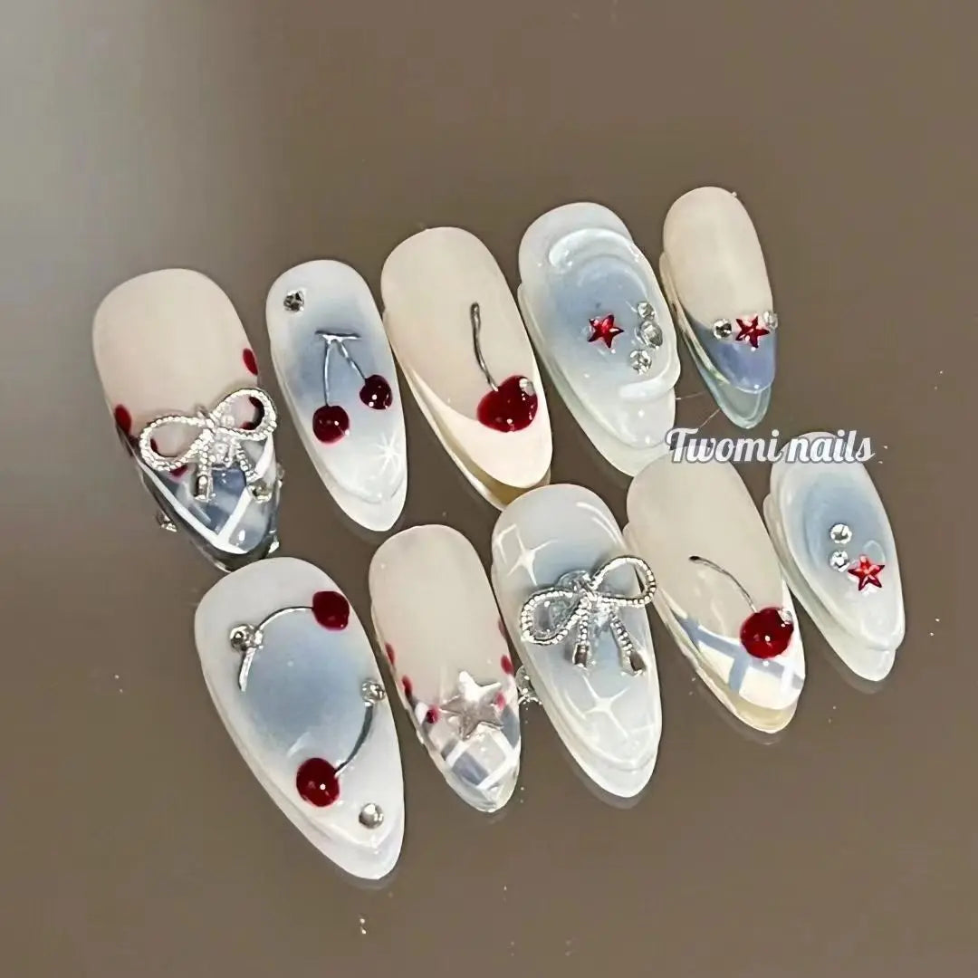10pcs French Almond Press on Nails Flower False Nails Wearable Stick-on Nails Fake Nail Uñas Postizas Mujer Накладные Ногти 네일팁