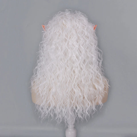 White Curly Wig and Elf Ears for Women Costume Long Curly with Bangs Heat Resistant Synthetic Cosplay Halloween Christmas Party