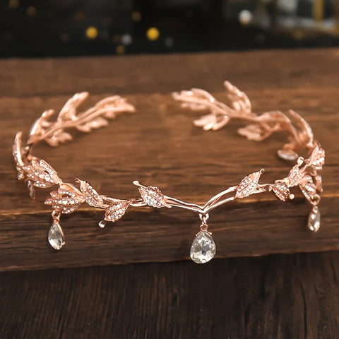Vintage Crystal Rhinestone Waterdrop Leaf Tiara Crown Headband Wedding Hair Accessories Frontlet Bridesmaid Bridal Hair Jewelry
