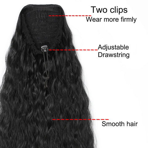 22Inch Synthetic Long Kinky Curly Ponytail Hair Extension Drawstring Wrapped Clip in Hair Black Hairpiecefor Women