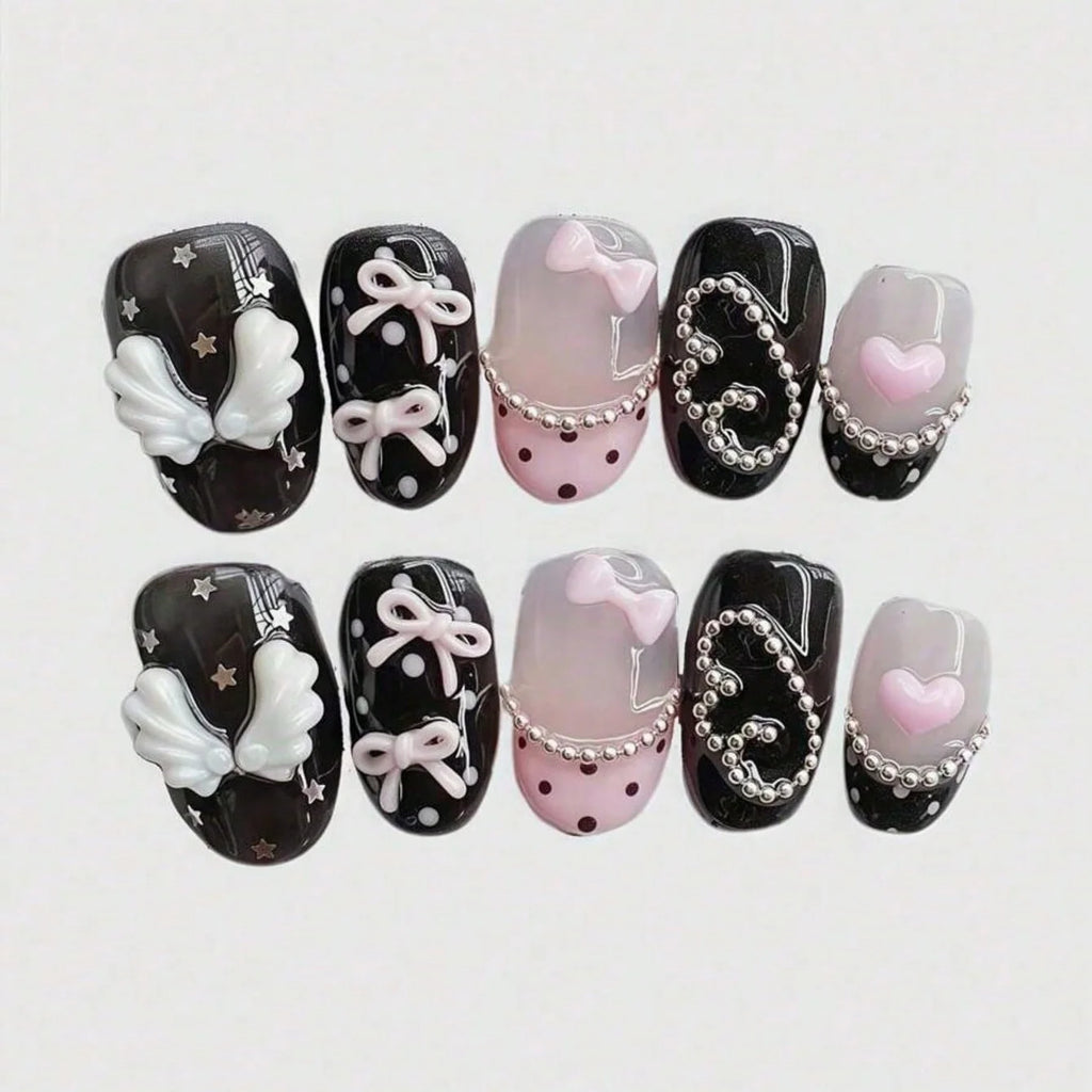 10pcs pure hand pressed short circular nail art, beautiful fake nails, sweet and cool pink bow, suitable for women to use