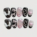 10pcs pure hand pressed short circular nail art, beautiful fake nails, sweet and cool pink bow, suitable for women to use