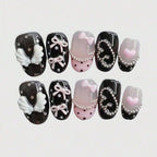 10pcs pure hand pressed short circular nail art, beautiful fake nails, sweet and cool pink bow, suitable for women to use