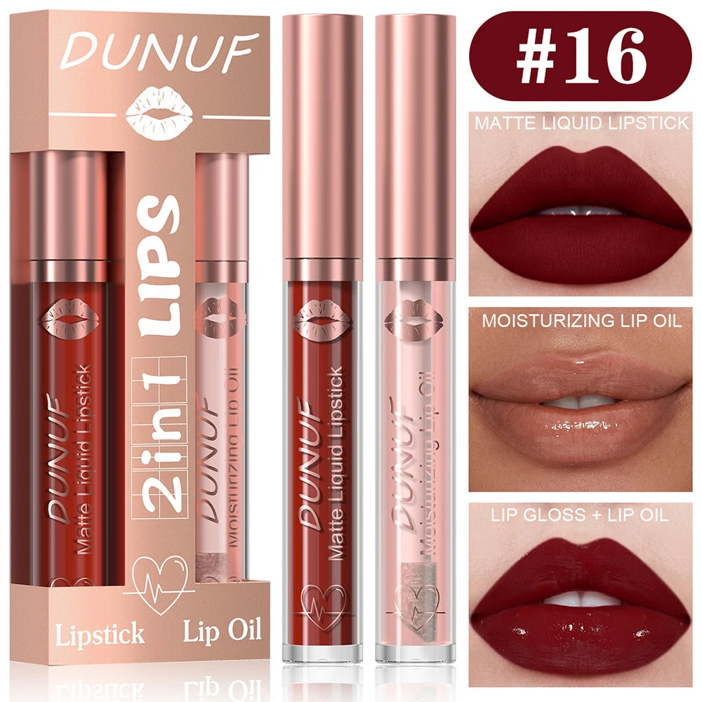 DUNUF Lip Gloss And Lip Oil Set 2-Piece Long-Lasting Waterproof Matte Moisturizing Non-Fading Lipstick Collection