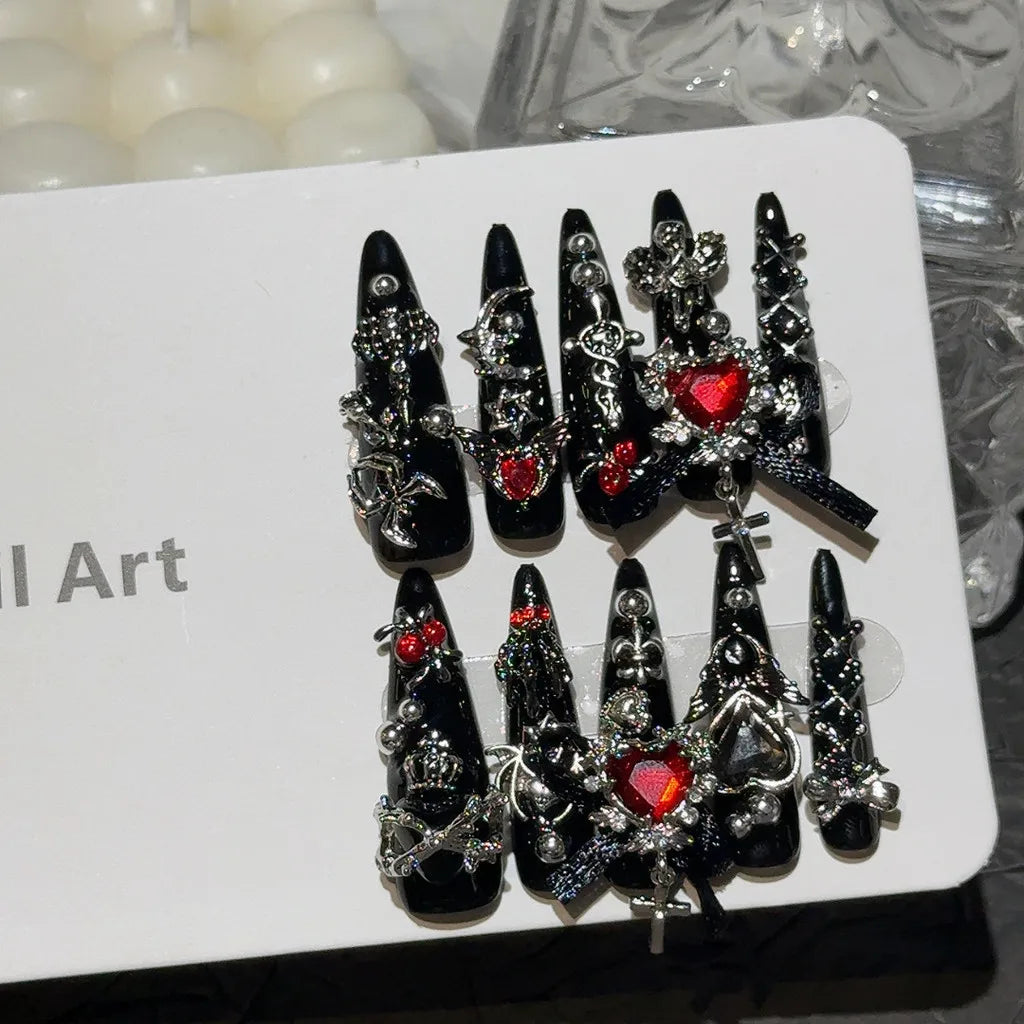 Menhera Y2K Spice Girls Black Red Long Tip Handmade Press On Nails Cross Spider Love Diamond Fake Nails Bow Cool Dark Nail Art
