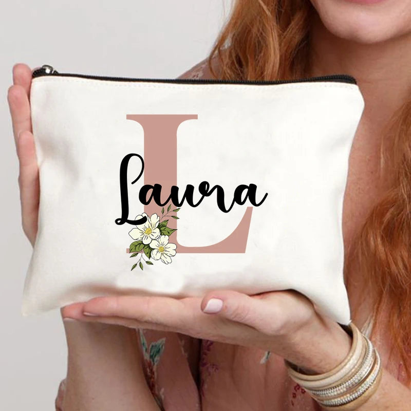 Floral Letters Custom Name Makeup Bag Best Gift for Bridesmaid Teachers Friends Women Purse Personalise Gift for Birthday