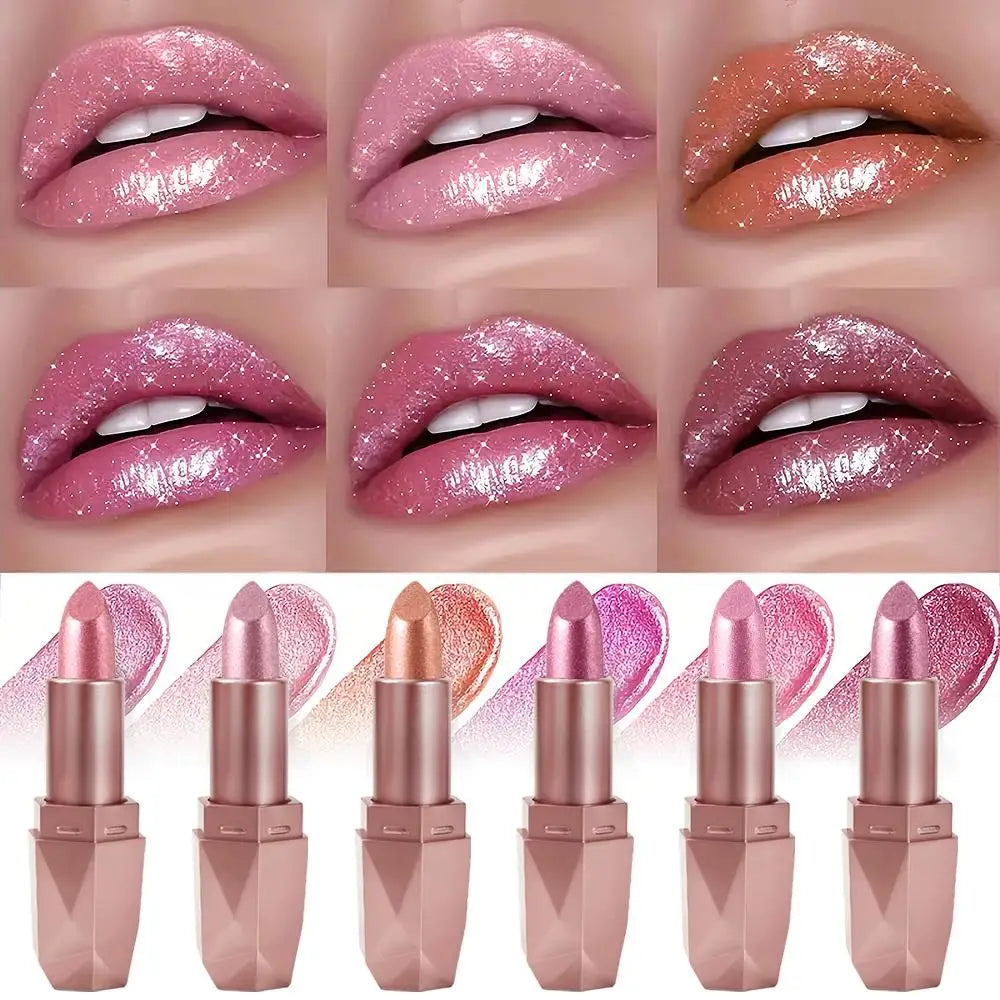Diamond Glitter Lipstick Long Lasting Waterproof Moisturizing Highly Pigmented Metallic Shine Pearlescent Non Stick Cup Lipstick