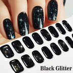 16Tips French Black Semi-Cured Nail Stickers With Glitter Long-Lasting UV Gel Nail Polish Wraps Full Cover Nail Art Decals Patch