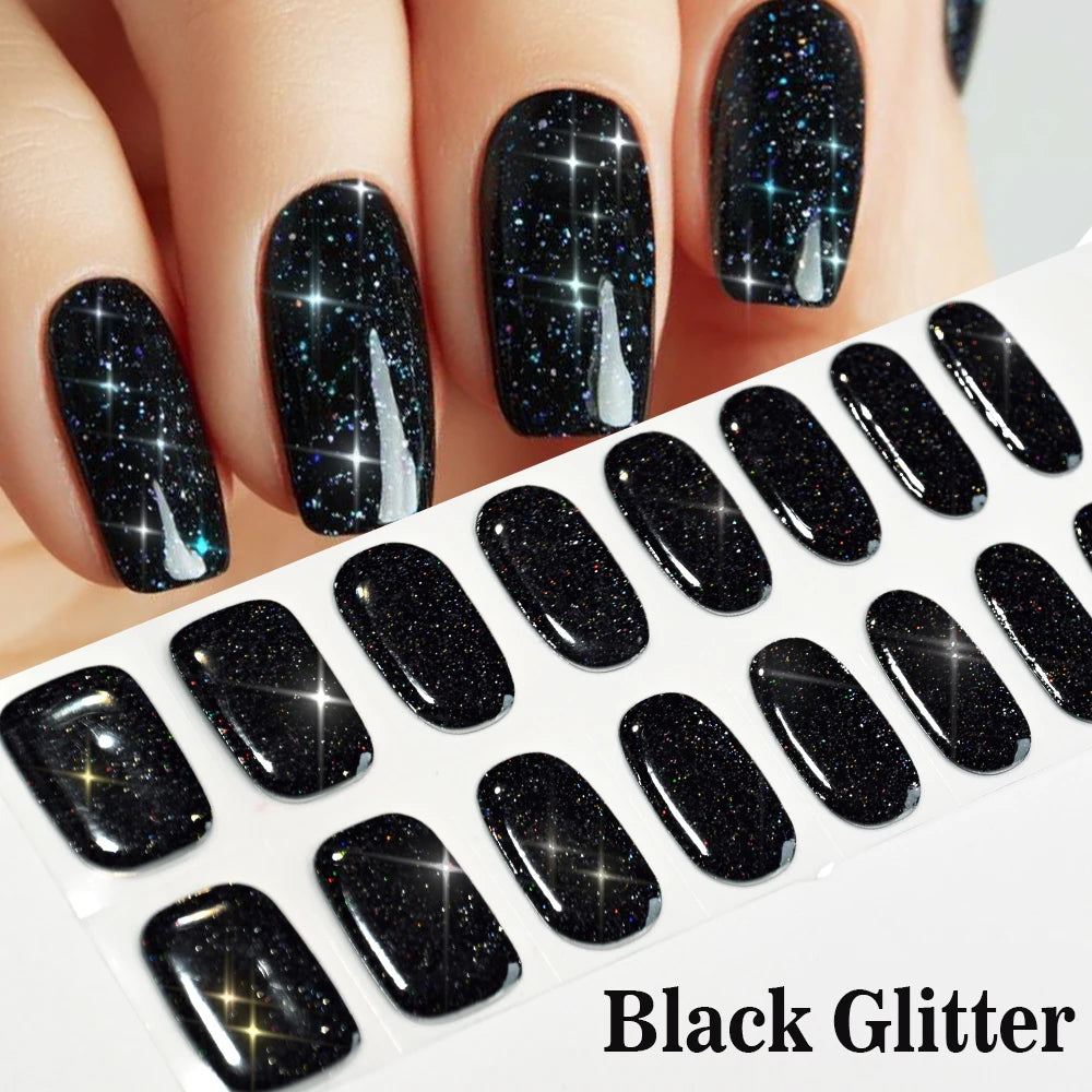 16Tips French Black Semi-Cured Nail Stickers With Glitter Long-Lasting UV Gel Nail Polish Wraps Full Cover Nail Art Decals Patch