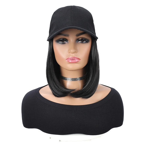 Baseball Cap with Synthetic Hair Extensions Heat Resistant 10 Inch Adjustable Short Straight Bob Wigs in Hat for Women Daily Use