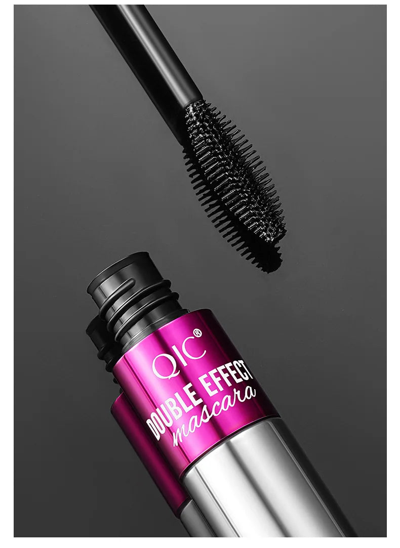 QIC Double Effect 4D Mascara Waterproof Long Curl Natural Thick Eyelash 2-in-1 Black Mascara with 2 Brush Heads
