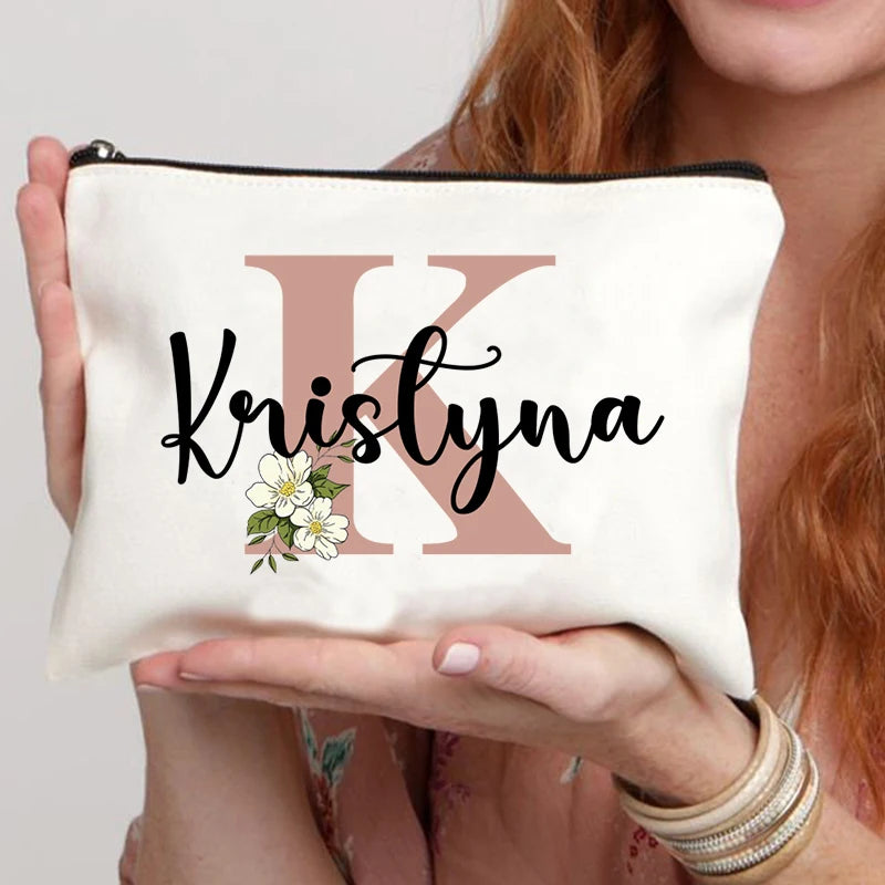 Floral Letters Custom Name Makeup Bag Best Gift for Bridesmaid Teachers Friends Women Purse Personalise Gift for Birthday