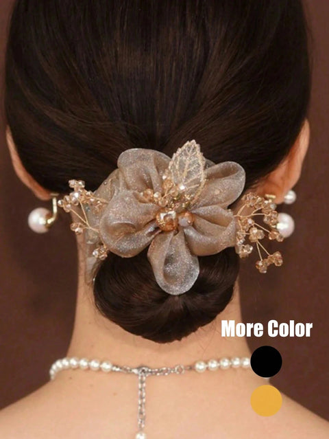 1/2Pcs New Floral & Leaf Design Hair Scrunchie With Rhinestones, Fashionable Hair Accessory With Elegant Feel For Party ,Beach