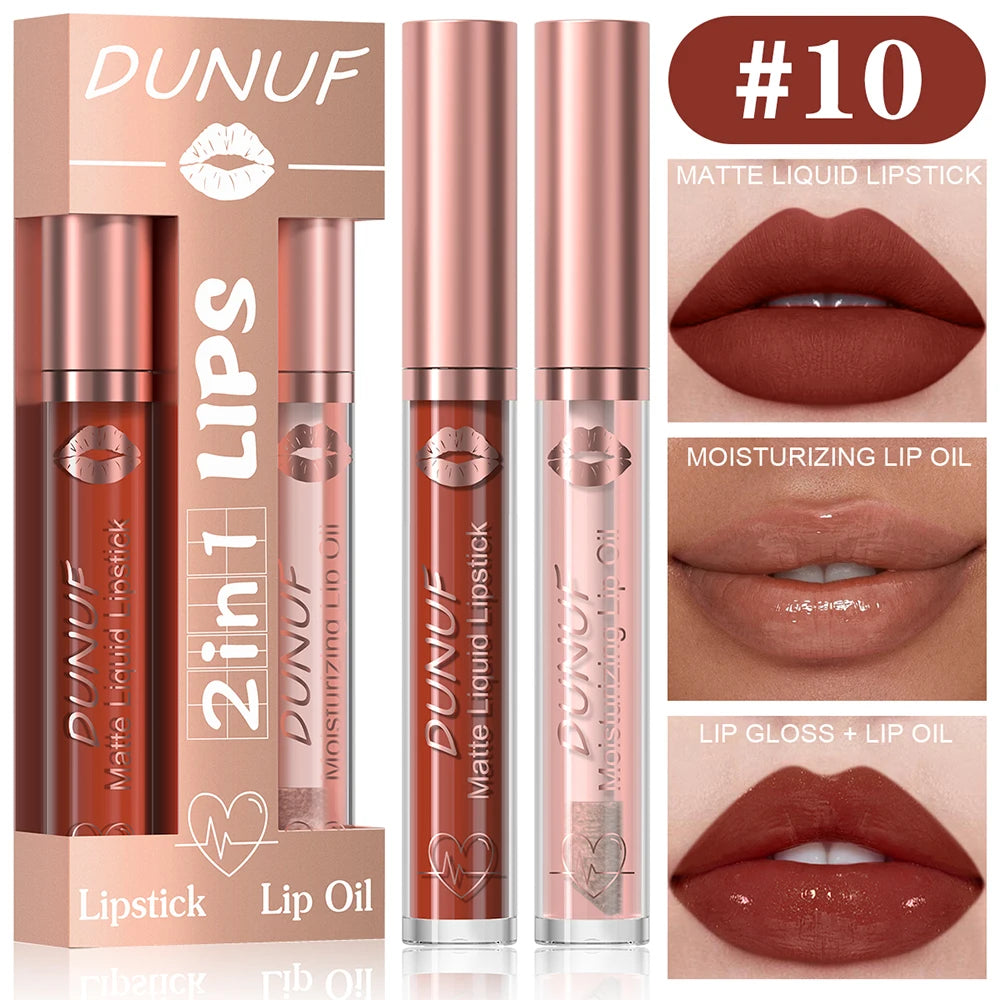 DUNUF Lip Gloss And Lip Oil Set 2-Piece Long-Lasting Waterproof Matte Moisturizing Non-Fading Lipstick Collection