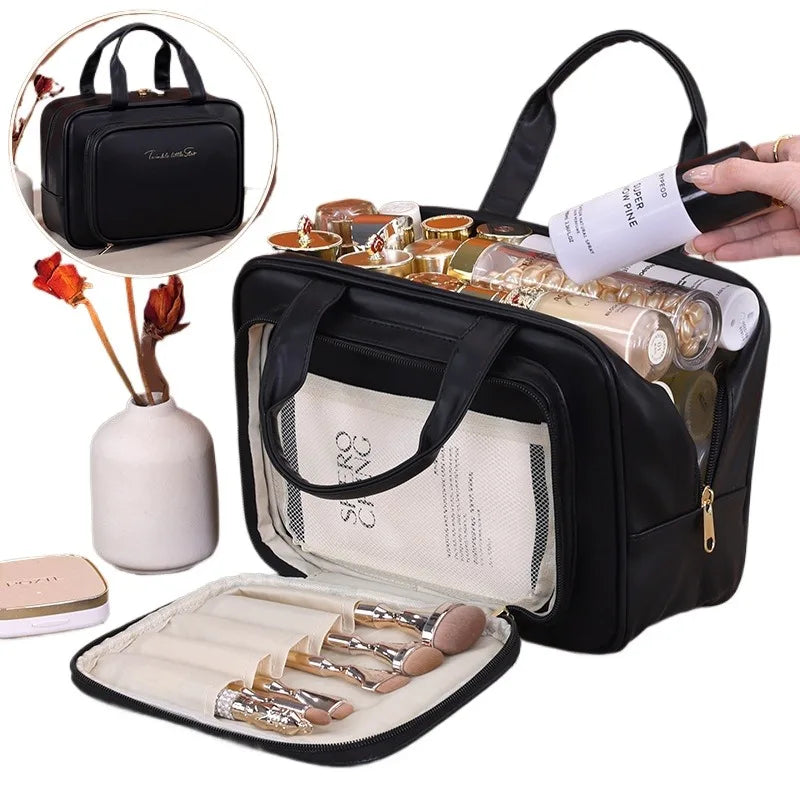Large Capacity Makeup Bag for Women – Portable Cosmetic Organizer with Brush Holder & Carry Handle, Travel-Friendly Makeup Case