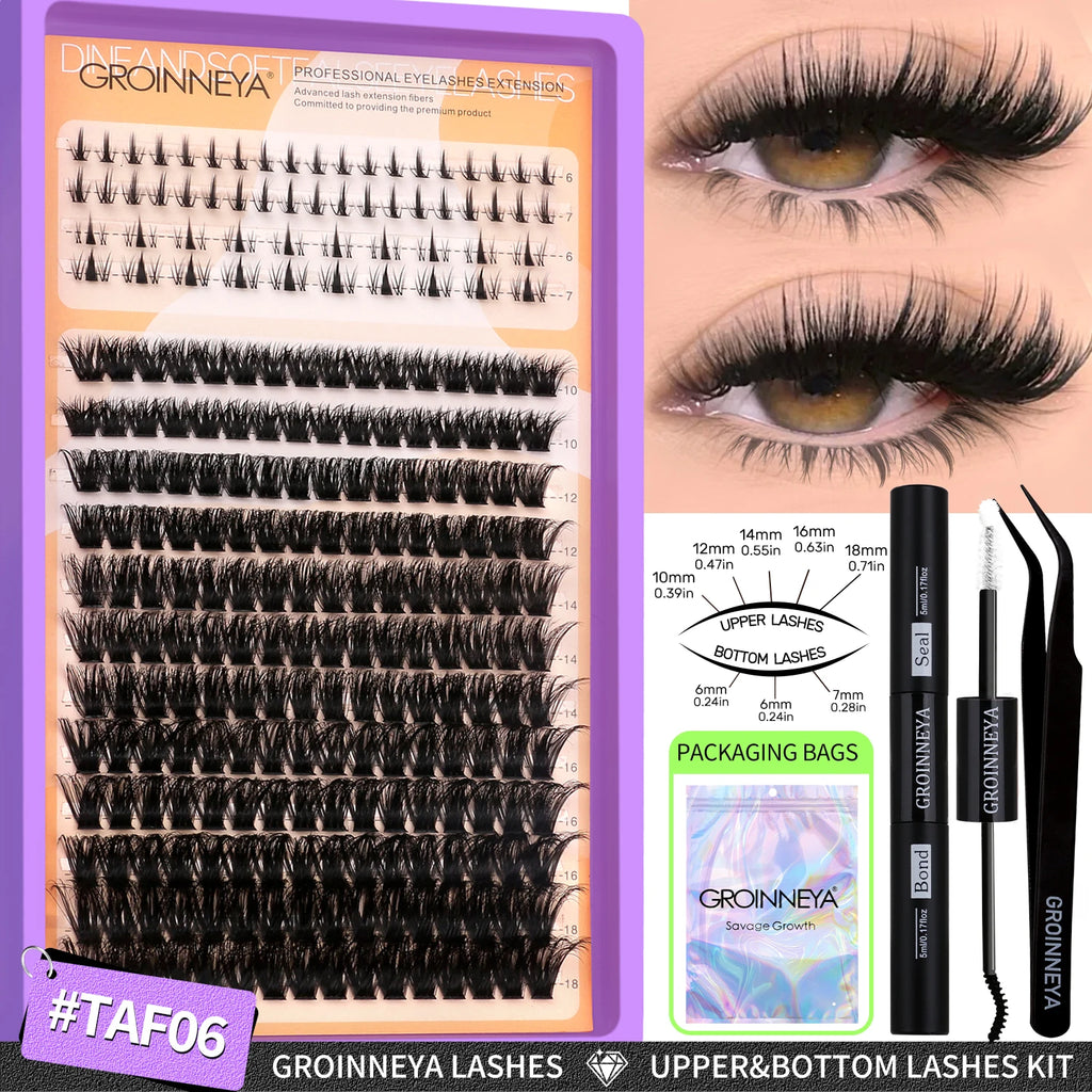 GROINNEYA Lashes Clusters Kit With Lash Bond And Seal And Eyelash Tweezers Waterproof Strong Hold DIY Lash Extension Kit Makeup